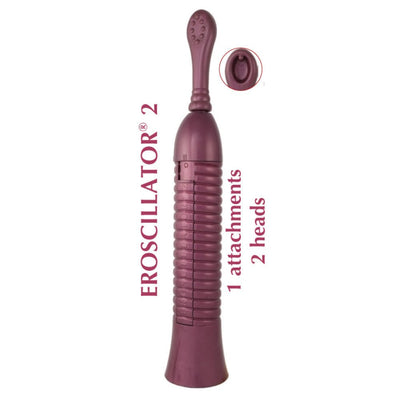 Eroscillator 2 in plum color with ribbed handle, featuring one attachment and two interchangeable heads shown.