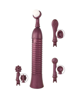 Eroscillator 2 Plus with four interchangeable attachments in deep plum color on white background.