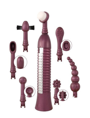 Eroscillator 2 with multiple interchangeable attachments in plum color for personalized wellness and stimulation.