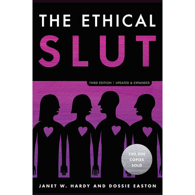 Book cover of The Ethical Slut third edition with stylized silhouettes of four people with hearts on their chests against a purple background.