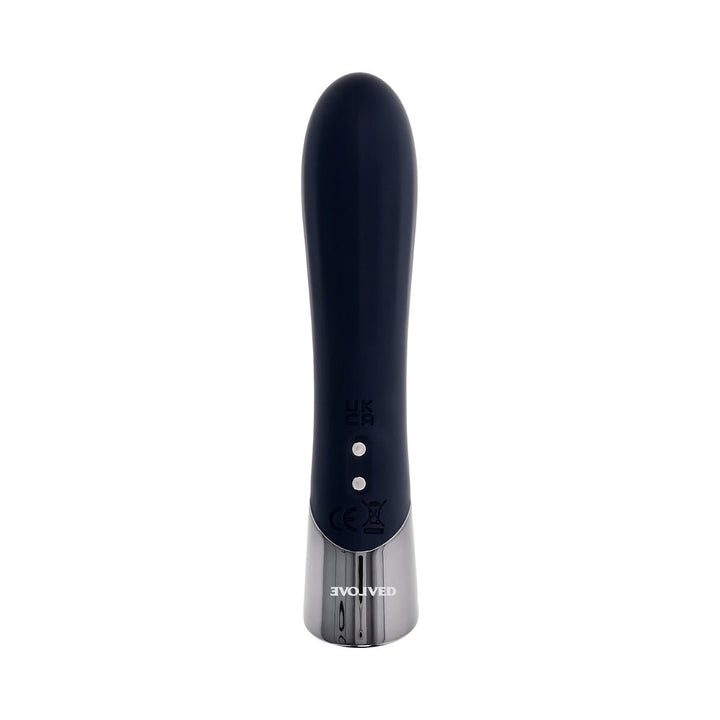 Sleek black vibrator with chrome base, smooth curved design, and two control buttons on the front.