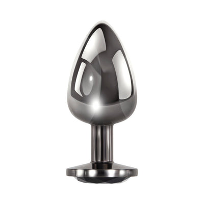 Small sleek black metal anal plug with tapered tip and sparkling black gem base on white background.