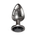 Small sleek gunmetal anal plug with tapered tip and black faceted gem base, polished metal finish.