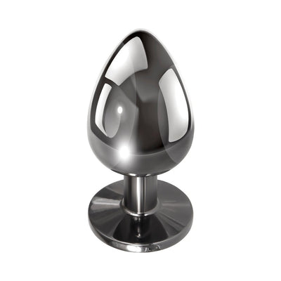 Sleek small gunmetal gray metal anal plug with tapered tip and flat base, polished reflective finish.