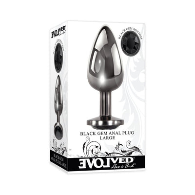 Evolved Black Gem large anal plug with a sleek gunmetal finish and black jewel base in white decorative packaging.