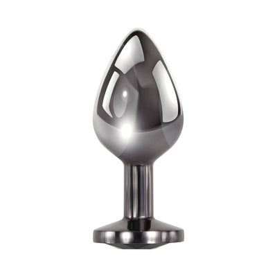 Sleek small black metal anal plug with tapered tip and flat base, featuring a sparkling black gem accent.
