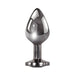Sleek small black metal anal plug with tapered tip and flat base, featuring a sparkling black gem accent.