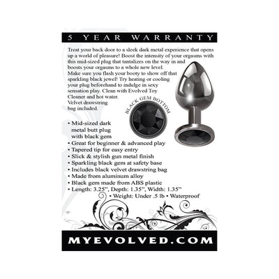 Sleek gunmetal anal plug with tapered tip and sparkling black gem base, shown with product features and warranty details.