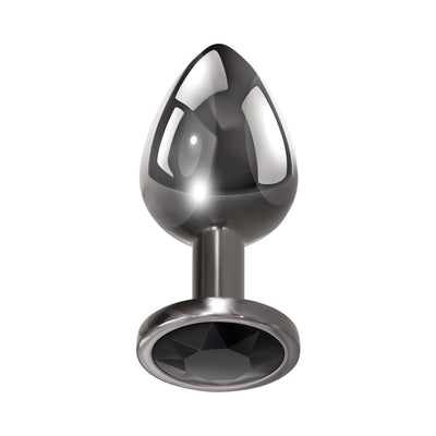 Small sleek black metal anal plug with tapered tip and sparkling black gem base on white background.