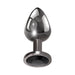 Small sleek black metal anal plug with tapered tip and sparkling black gem base on white background.