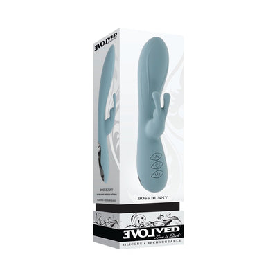 Evolved Boss Bunny Blue silicone dual-motor vibrator in sleek packaging with control buttons visible on the shaft.