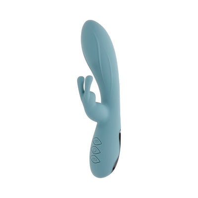 Blue silicone rabbit vibrator with curved shaft and dual motors, featuring flexible ears and control buttons on the handle.