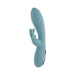 Blue silicone rabbit vibrator with curved shaft and dual motors, featuring flexible ears and control buttons on the handle.