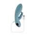 Blue silicone rabbit vibrator with curved shaft and flexible ears, shown with USB magnetic charging cable attached.