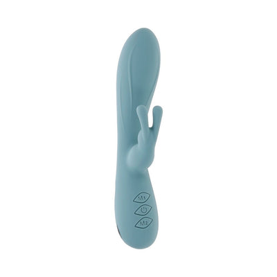 Sleek blue silicone rabbit vibrator with curved shaft, flexible dual motors, and control buttons on the handle.