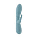 Sleek blue silicone rabbit vibrator with curved shaft, flexible dual motors, and control buttons on the handle.