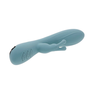 Blue silicone rabbit vibrator with curved shaft and flexible dual motors, featuring control buttons on the handle.