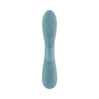 Blue silicone rabbit vibrator with curved shaft and dual motors, featuring three control buttons on the handle.