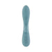 Blue silicone rabbit vibrator with curved shaft and dual motors, featuring three control buttons on the handle.