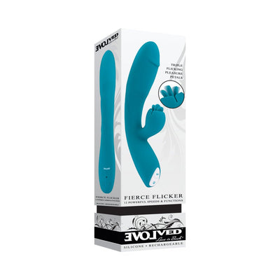 Blue silicone dual vibrator with triple flicking pleasure petals, shown in product packaging with control buttons visible.