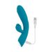 Blue silicone dual vibrator with flexible tongue flicker and USB charging cable on white background