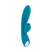 Blue silicone dual vibrator with curved shaft, textured flexible tongue flicker, and white control buttons at the base.