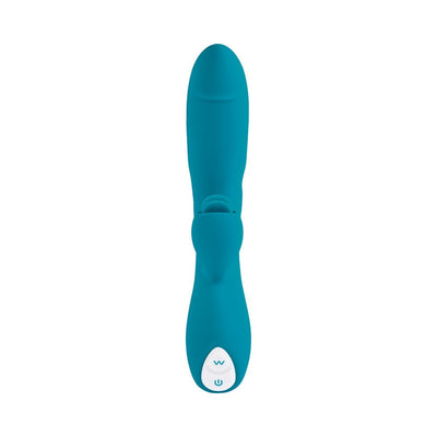 Blue dual vibrator with curved shaft and tongue flicker, featuring control buttons on the handle.
