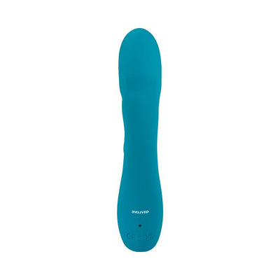 Blue silicone curved vibrator with smooth texture and subtle ridges, designed for targeted stimulation.