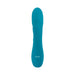 Blue silicone curved vibrator with smooth texture and subtle ridges, designed for targeted stimulation.