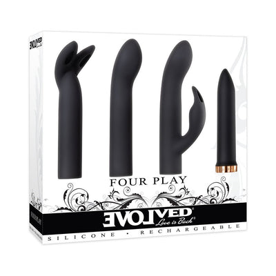 Evolved Four Play Kit with four black silicone interchangeable sleeves and a rose gold-accented 7-speed bullet vibrator.