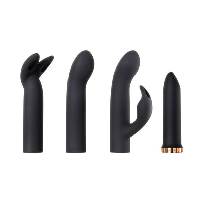 Set of four black silicone interchangeable sleeves for a versatile personal pleasure bullet with rose gold accent.