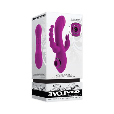 Purple rechargeable silicone triple stim vibrator with suction feature shown on packaging box.