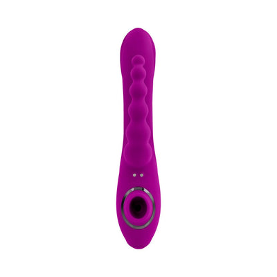 Purple silicone triple stimulator vibrator with textured shaft and suction feature in handle.