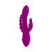 Purple silicone triple stim vibrator with textured shaft, rabbit ears, beaded anal stimulator, and control buttons.