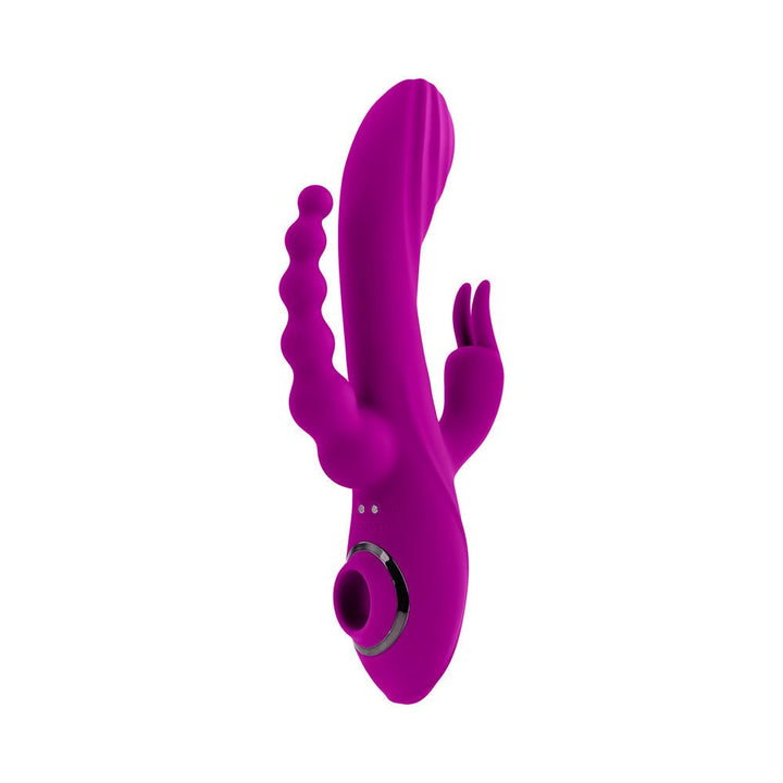 Purple silicone triple stimulation vibrator with suction feature and textured shafts, ergonomic design.