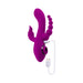 Purple silicone triple stimulator vibrator with suction feature and USB charging cable attached on white background