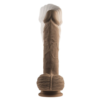 Dark skin tone realistic silicone dildo with suction base showing thrusting motion effect on white background.