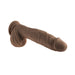 Dark skin tone realistic silicone dildo with suction cup base and textured details, angled view on white background.