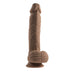 Dark skin tone realistic silicone dildo with suction base and textured details, standing upright on white background.
