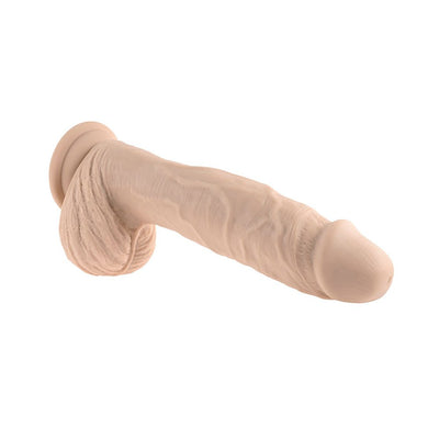 Light skin tone realistic silicone dildo with suction cup base and textured details, 9 inches long.
