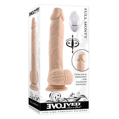 Evolved Full Monty realistic light skin tone silicone dildo with suction base and remote control in product packaging.