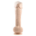 Light skin tone realistic silicone dildo with textured base and motion effect on white background