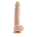 Realistic light skin tone silicone dildo with textured shaft and suction cup base, standing upright on white background.