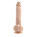 Light skin tone realistic silicone dildo with textured shaft and suction cup base, standing upright on white background.