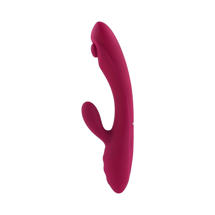 Sleek burgundy silicone rabbit vibrator with curved G-spot stimulator and flexible clitoral arm, ergonomic design.