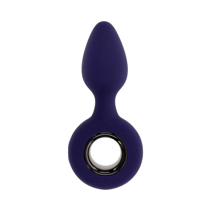 Purple silicone vibrating plug with tapered tip and ringed handle for easy grip and control.