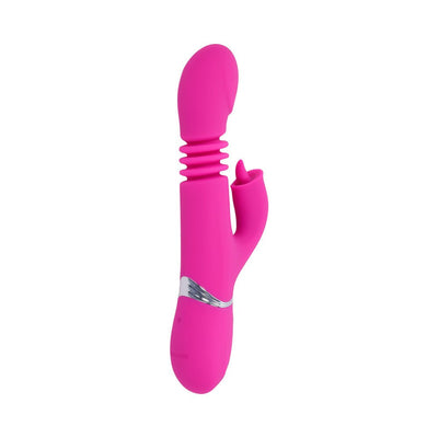 Pink silicone dual stimulator with curved G-spot head, textured shaft, and flexible clitoral arm with rigid tongue detail.