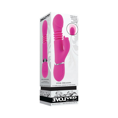 Pink Dragon rechargeable dual stimulator with thrusting and twirling head, textured handle, and silicone finish in packaging.
