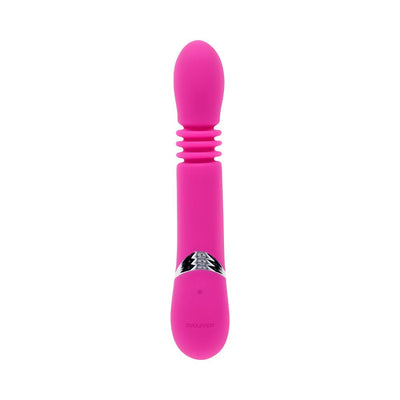 Pink silicone rechargeable thrusting vibrator with textured midsection and chrome accent band.