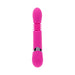 Pink silicone rechargeable thrusting vibrator with textured midsection and chrome accent band.